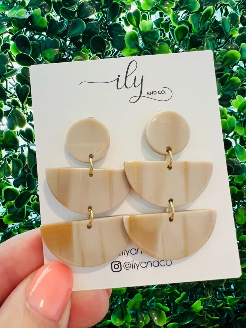 New Marbled Ivory Triple Tier Half Moon Statement Dangle Earrings | Gold Accents